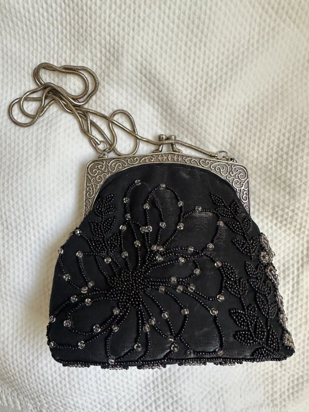 Vintage Valerie Stevens Black Beaded Silk Evening Bag with Mirror & Chain - Picture 3 of 8